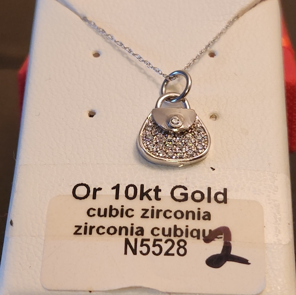 NEW 10K SOLID WG "PURSE" CUBIC ZIRCONIA NECKLACE